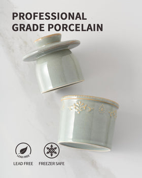 Two-piece design of Xela butter dish with lid and base for airtight seal