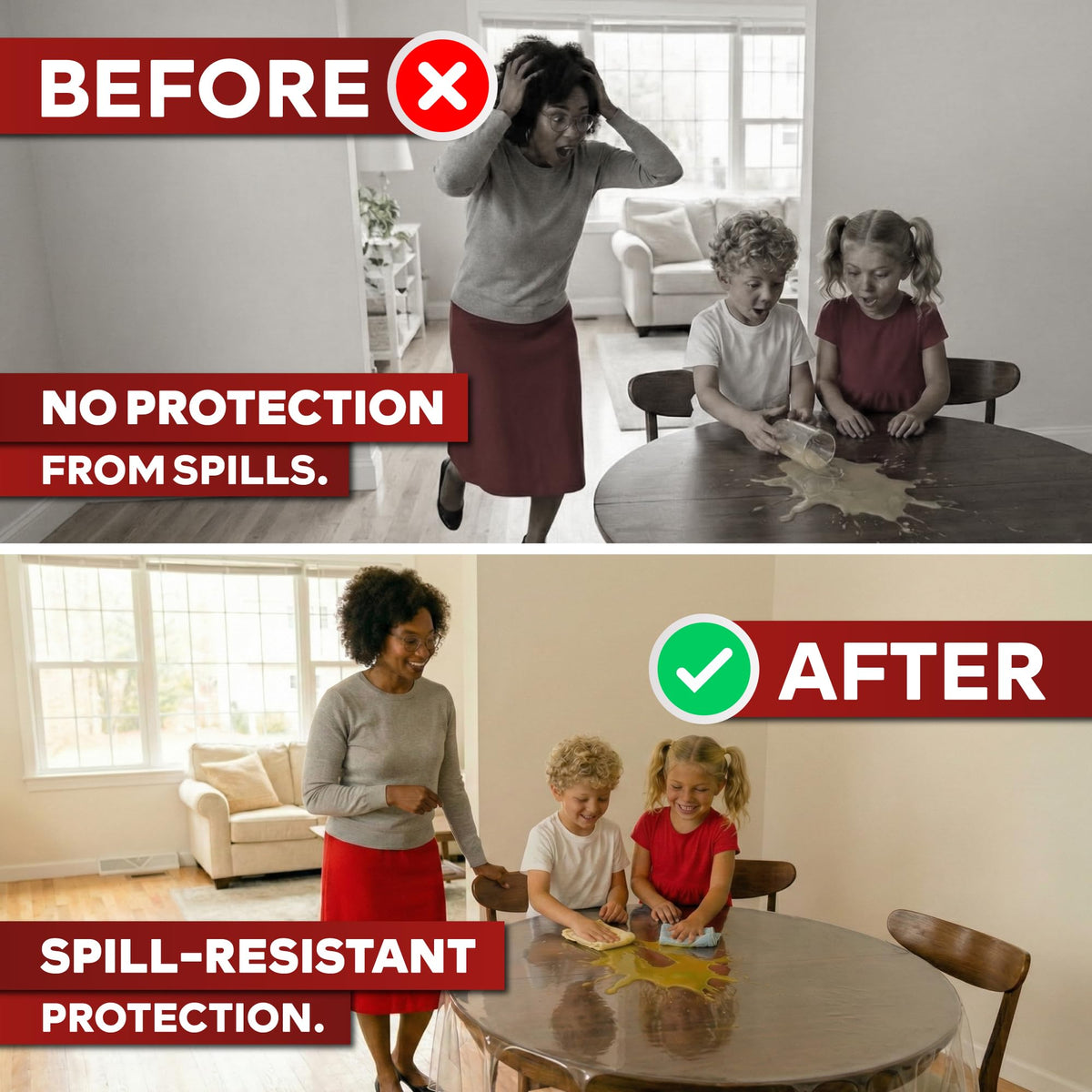 XFasten clear vinyl protector preserves a wrinkle-free table surface.