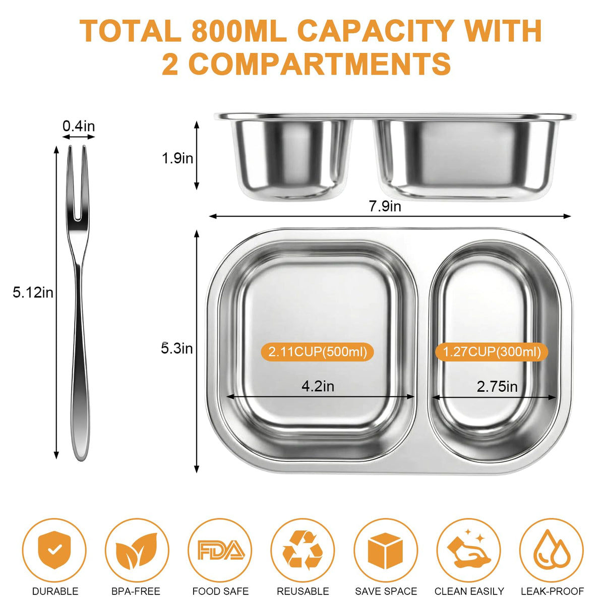 XIANKE stainless steel 2-compartment container showing separation for mains and sides.