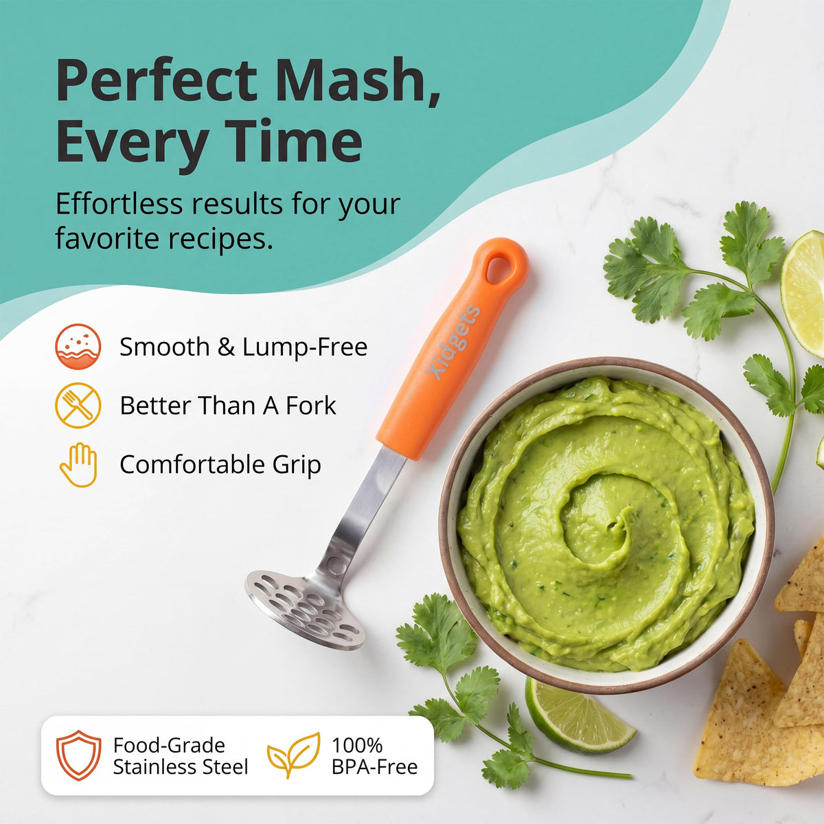 Xidgets Mini Avocado Masher stainless steel body for durable, smooth results.
