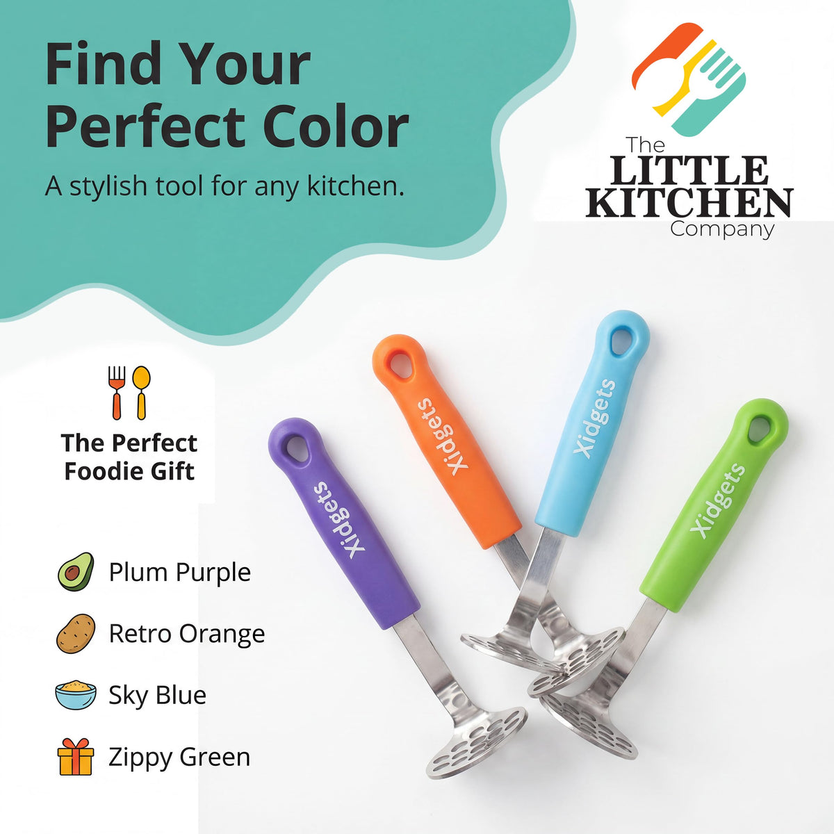 Xidgets multi-use masher ideal for avocados, bananas, and soft vegetables.