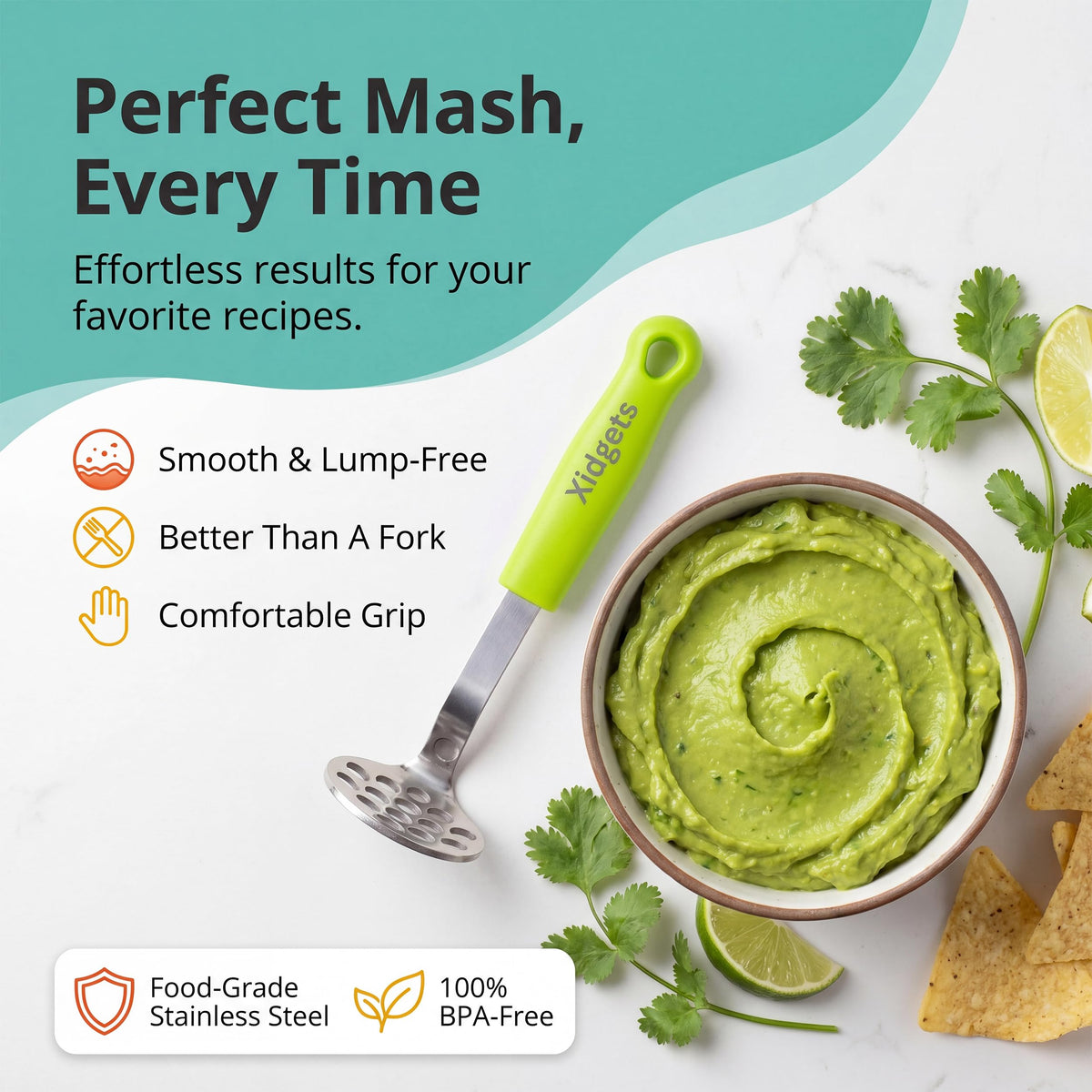 Xidgets small potato masher with compact design for easy mashing.