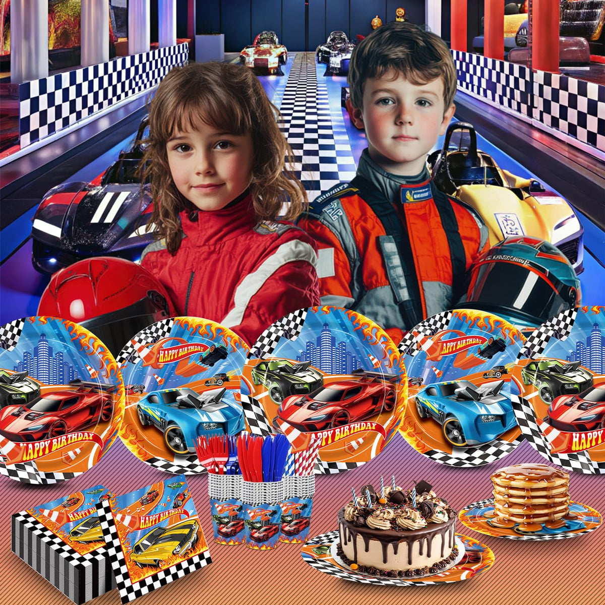 XIENBLOC Happy Birthday banner and checkered flags set the racing mood.
