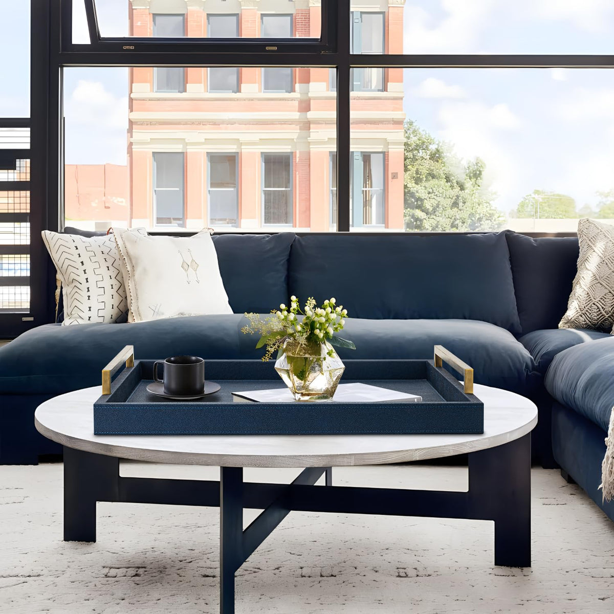 XIGEXIGE navy blue decor tray complements living room furniture.