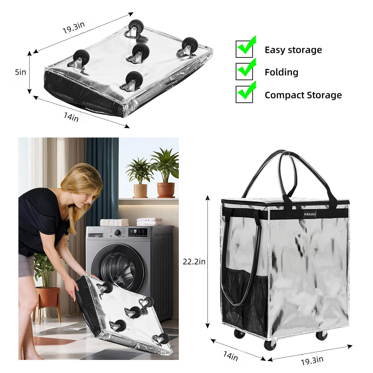 Xiktslin foldable rolling tote with 72L capacity for gym, travel, shopping