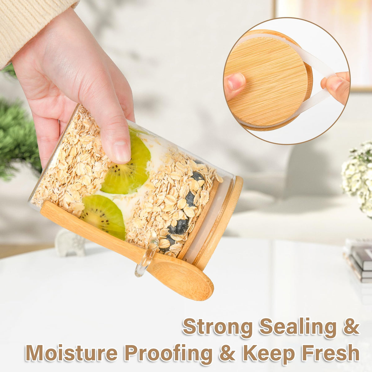 Xileanalee airtight glass jars with spoons, convenient on-the-go nourishment.