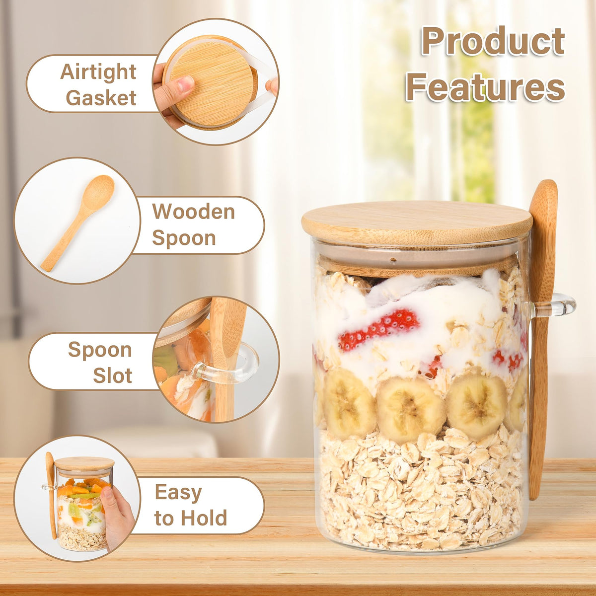 Xileanalee overnight oats container lids, airtight for long-lasting freshness.