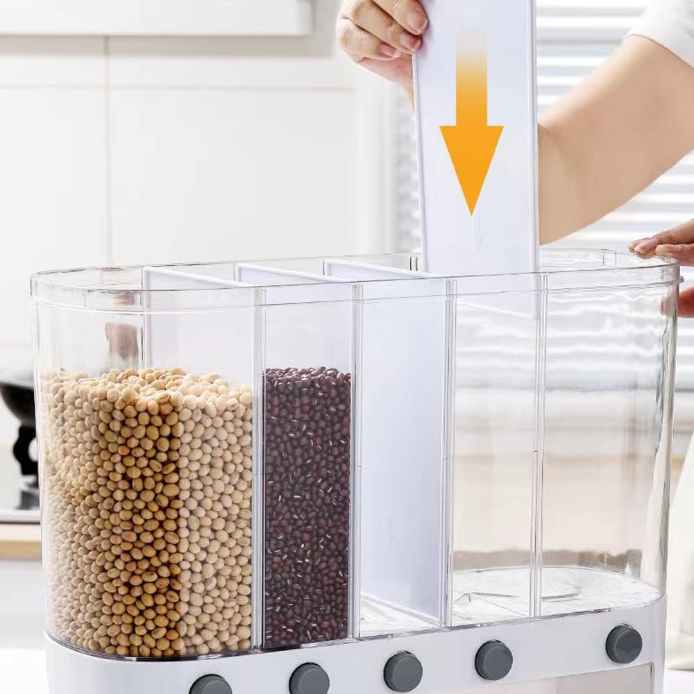 Xilei dry food dispenser includes a measuring cup for precise portions.