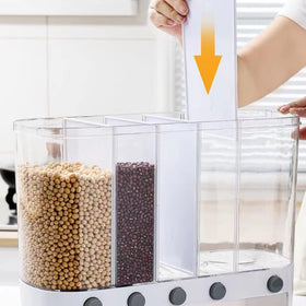Xilei dry food dispenser includes a measuring cup for precise portions.
