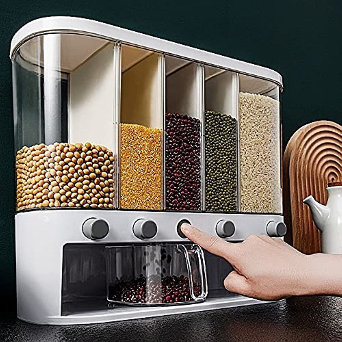 Xilei dry food dispenser wall-mounted with five compartments for grains.