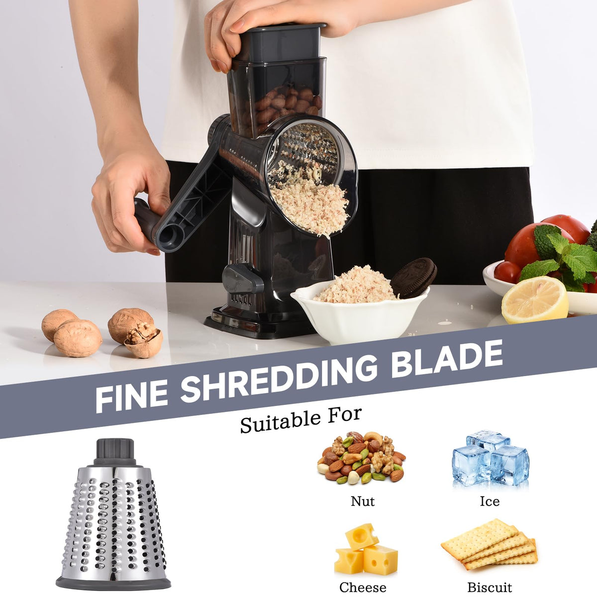 Xilrvna rotary cheese grater with detachable parts for easy storage after use.