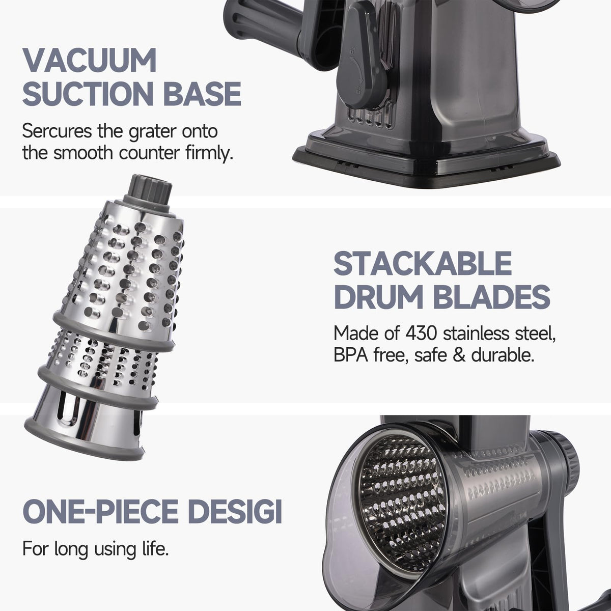 Xilrvna rotary cheese grater feeding port guides ingredients safely.