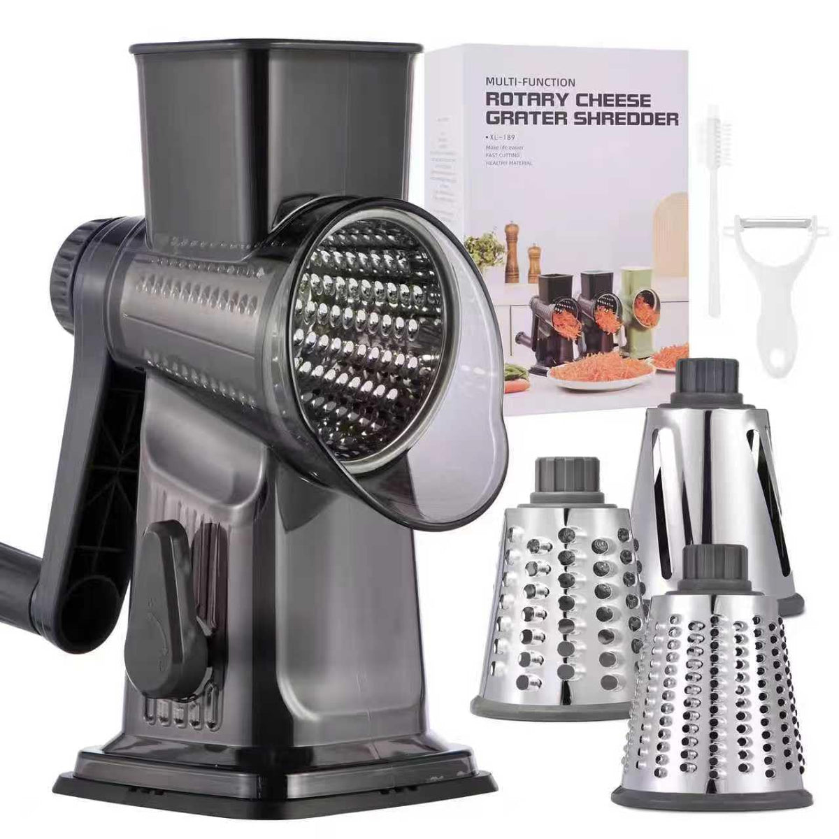 Xilrvna rotary cheese grater front view showing durable build for manual operation.