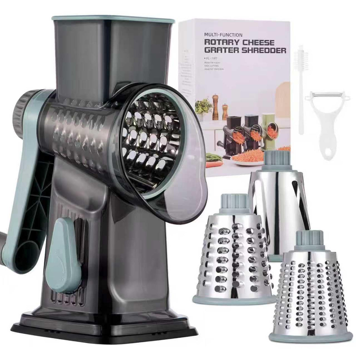 Xilrvna rotary cheese grater front view showing sturdy construction for everyday use