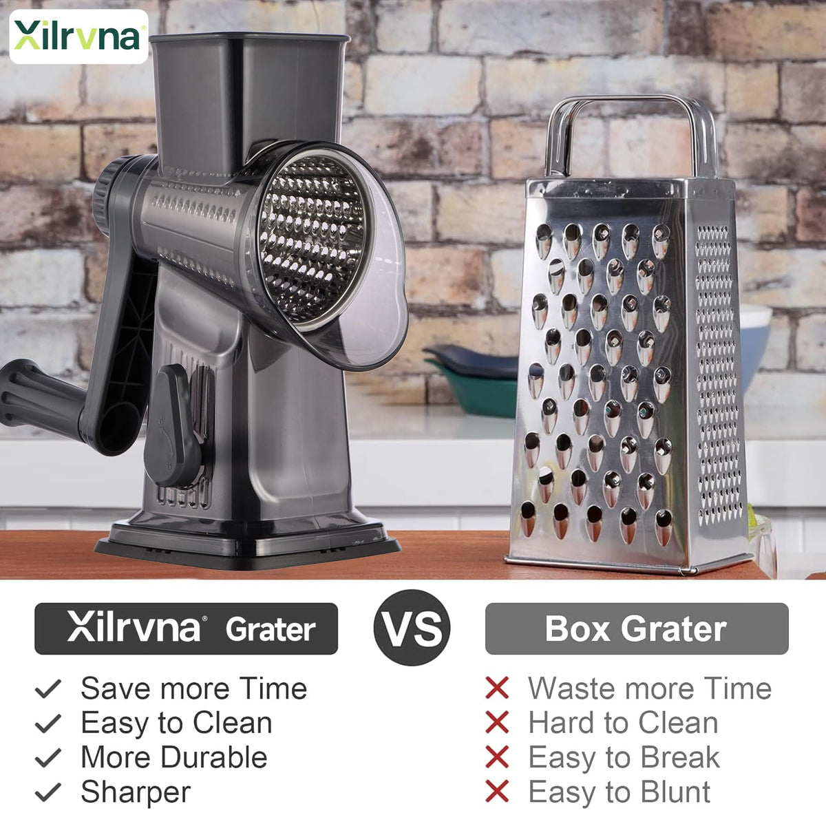 Xilrvna rotary cheese grater hand crank in action for effortless grating.