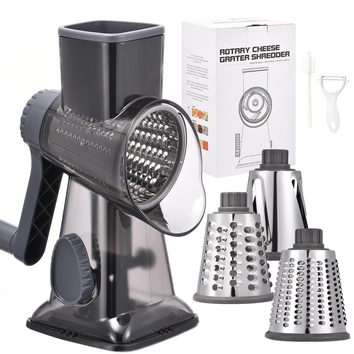 Xilrvna rotary cheese grater with handle for durable, effortless shredding.