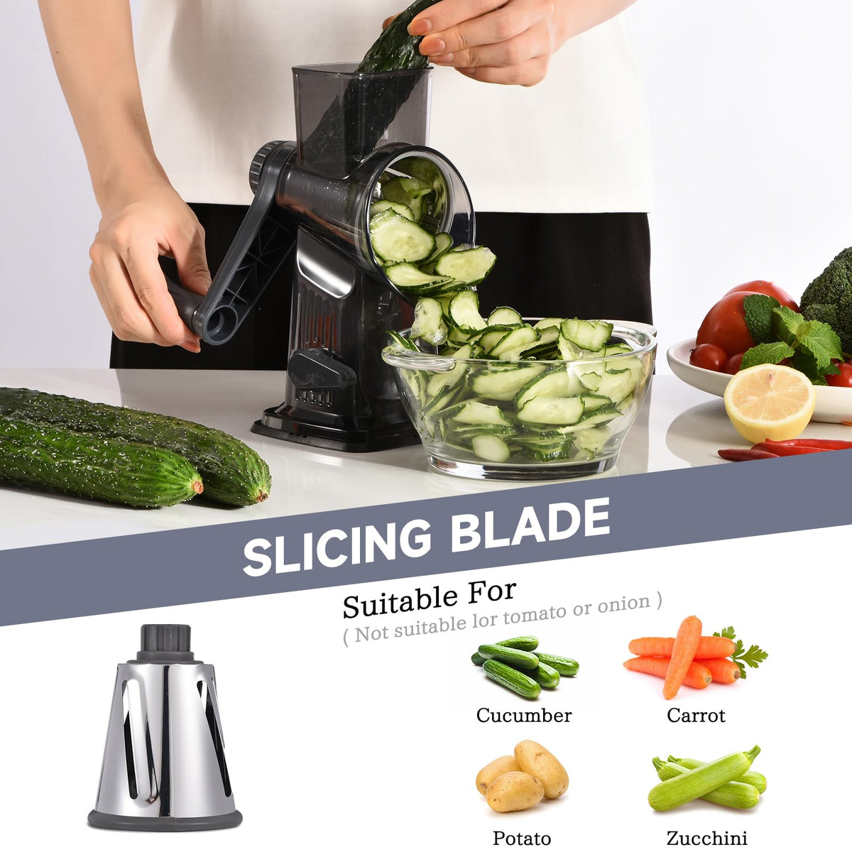 Xilrvna rotary cheese grater with suction feet stabilizing on the counter.