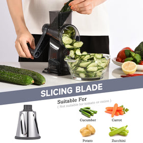 Xilrvna rotary cheese grater with suction feet stabilizing on the counter.