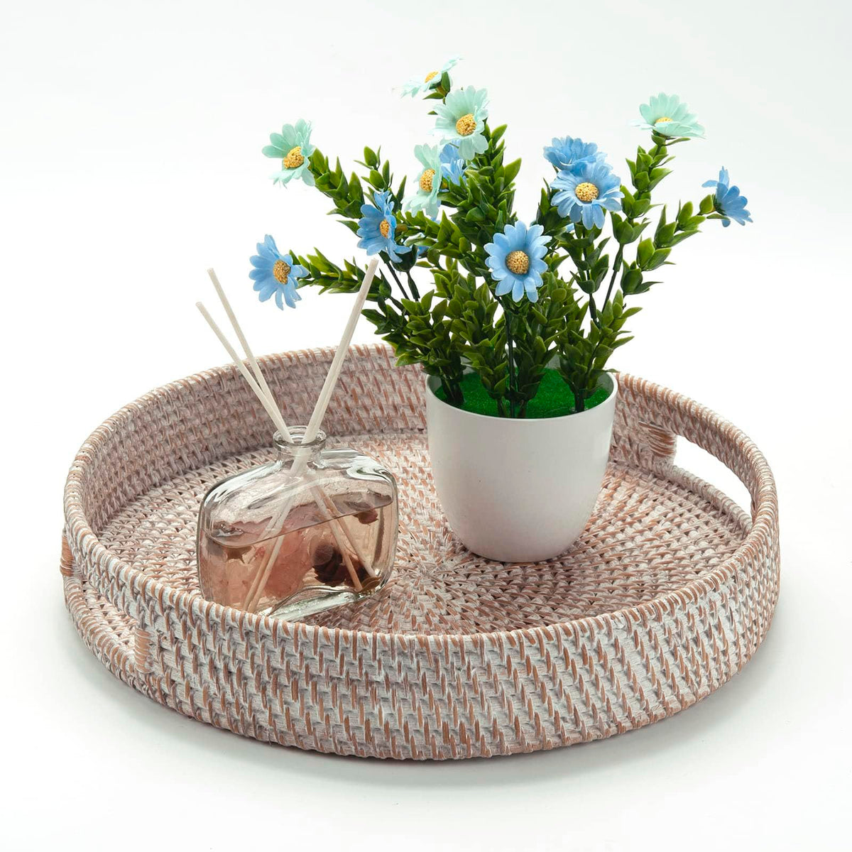 Ximisise rattan tray showing coffee and dessert service on a table.