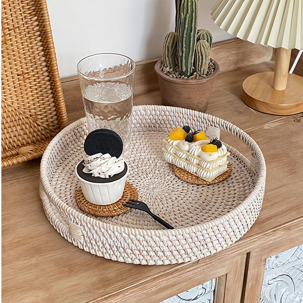 Ximisise rattan tray on kitchen counter for organization.