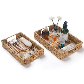 XIMISISE wicker tray neatly holds remotes and small gadgets on a coffee table