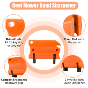 Ximoon reel blade sharpener slot demonstrates curved blade guidance.