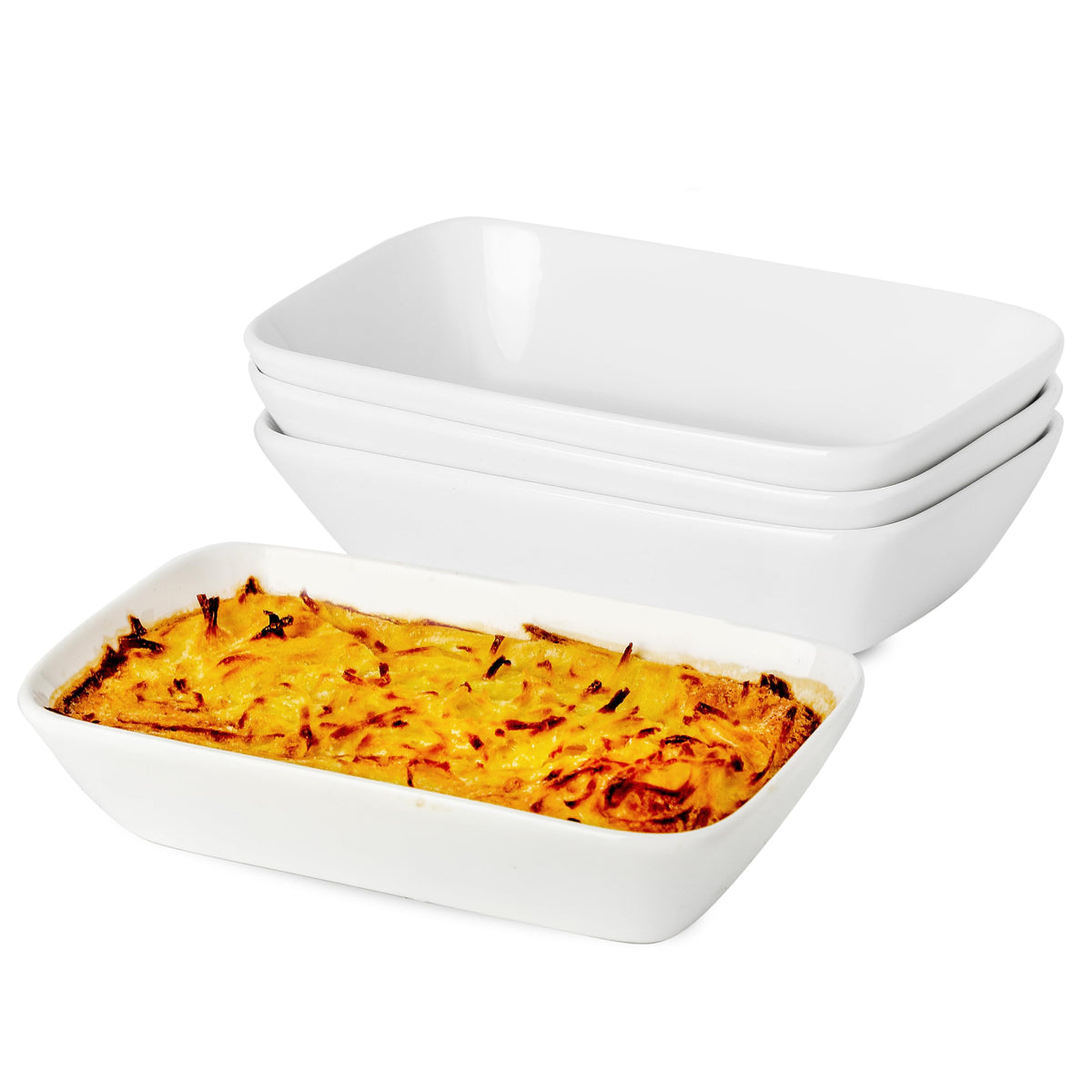 XINLTC 13.5oz ceramic small baking dish four-pack stacked for space-saving storage.