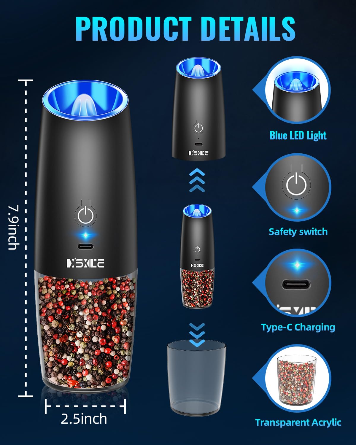 XinXu pepper and salt grinder in use with one hand.