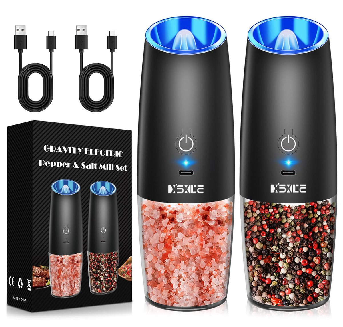 XinXu rechargeable pepper grinder front view for one-handed seasoning.