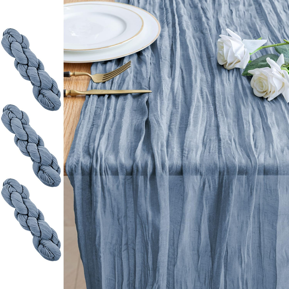 Xiomot 3PC table runner in dusty blue drapes elegantly for large wedding tables