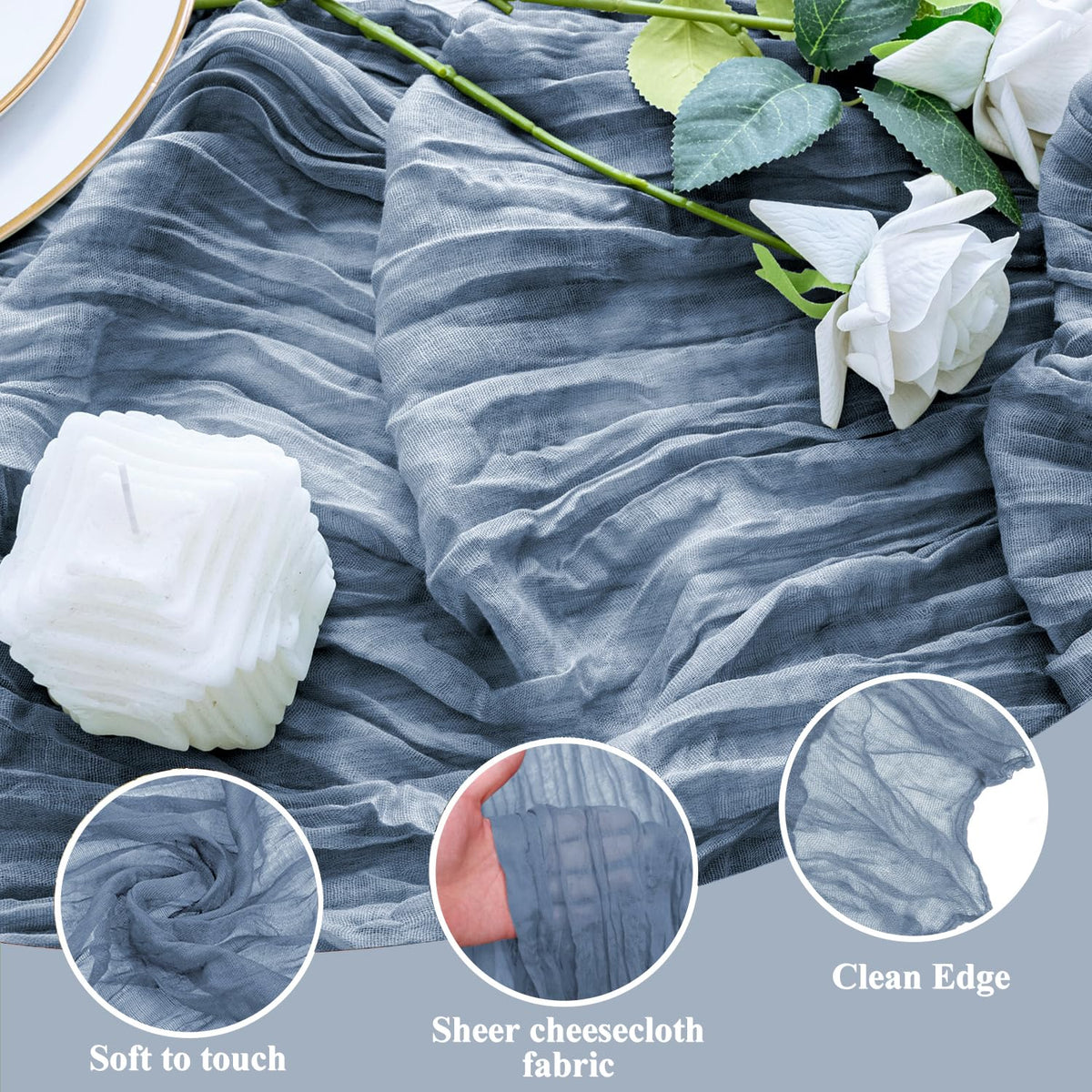 Wedding table setting featuring Xiomot boho gauze runner for rustic charm