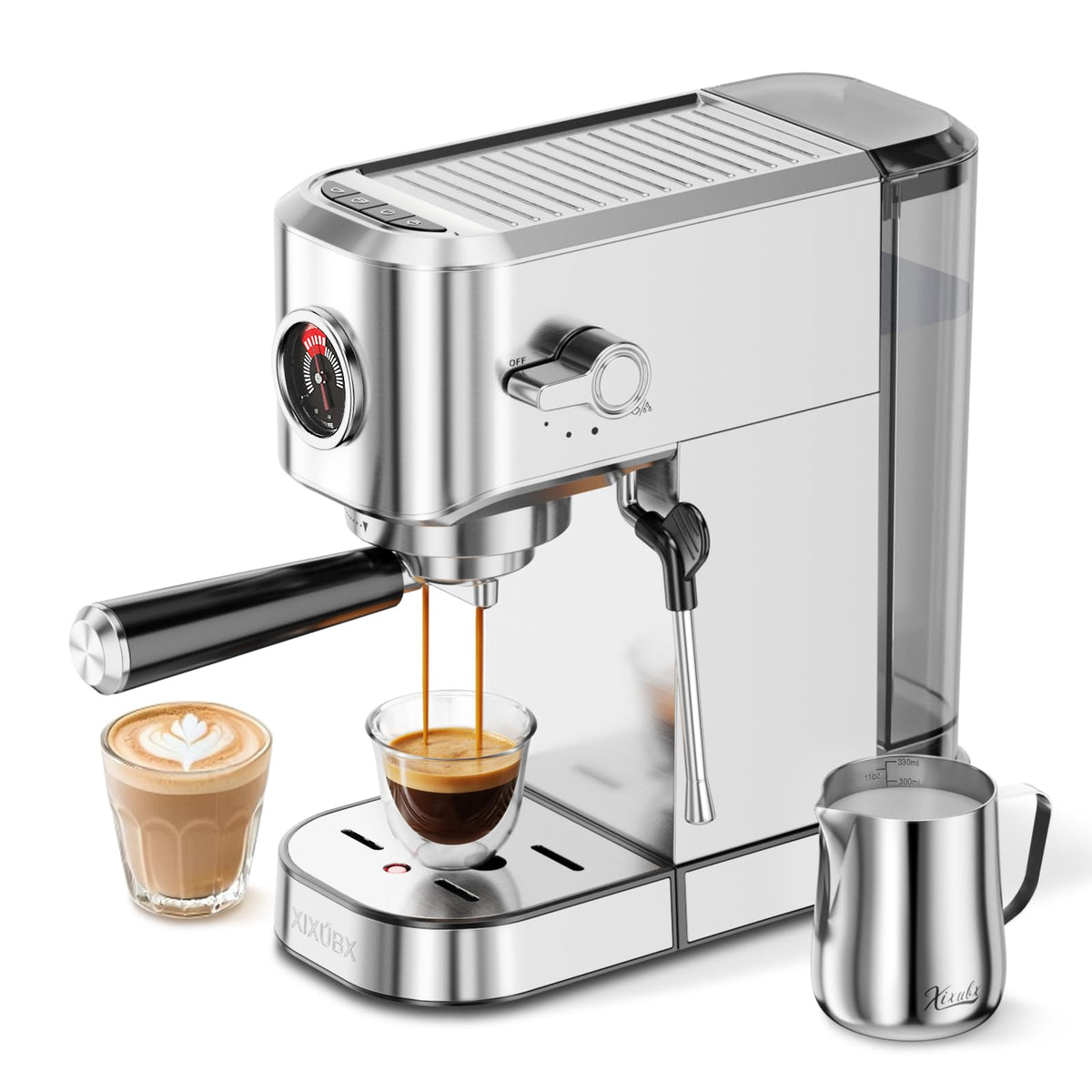 XIXUBX 20Bar espresso machine front view, compact design ideal for home baristas.