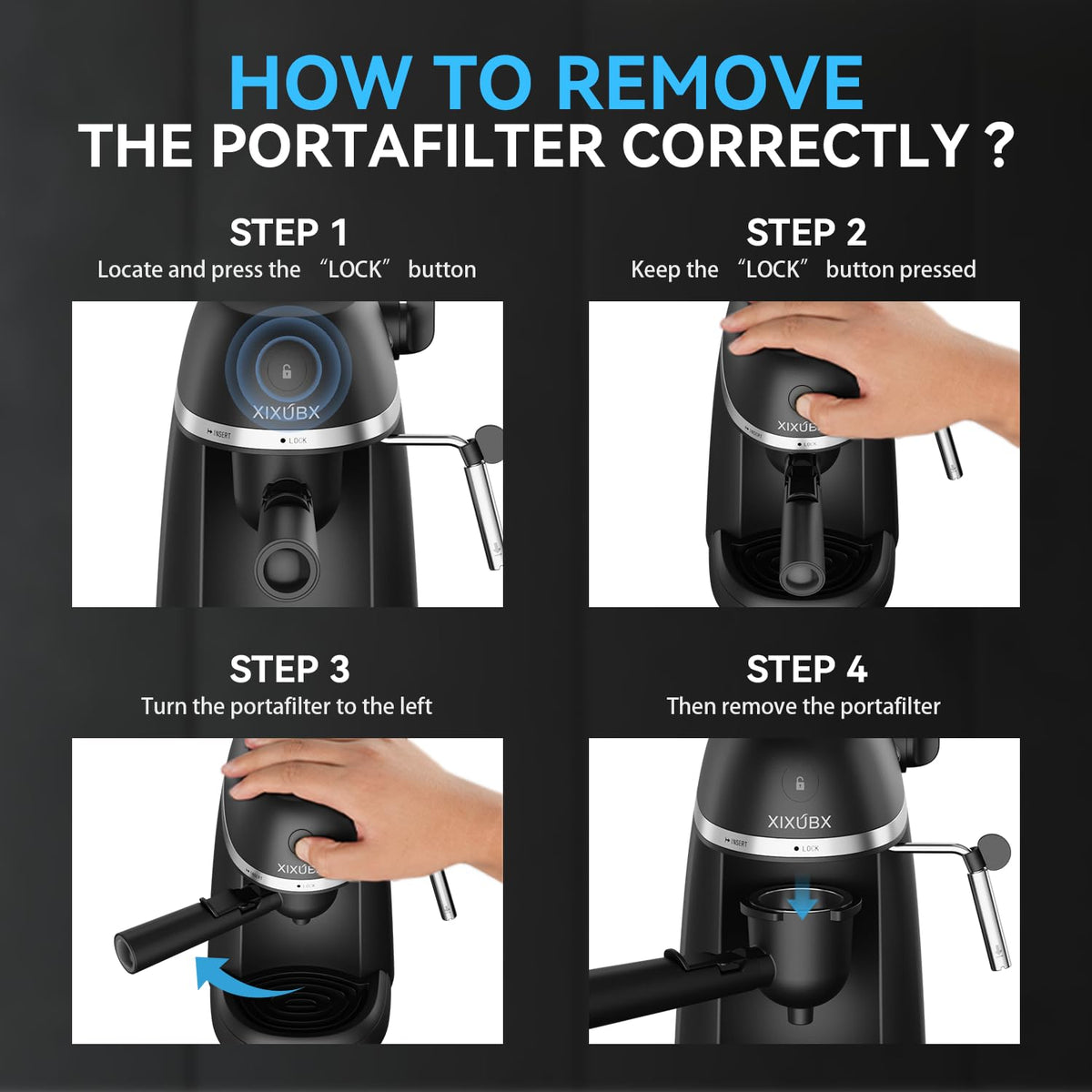 XIXUBX cups and safety locks ensure proper setup before brewing