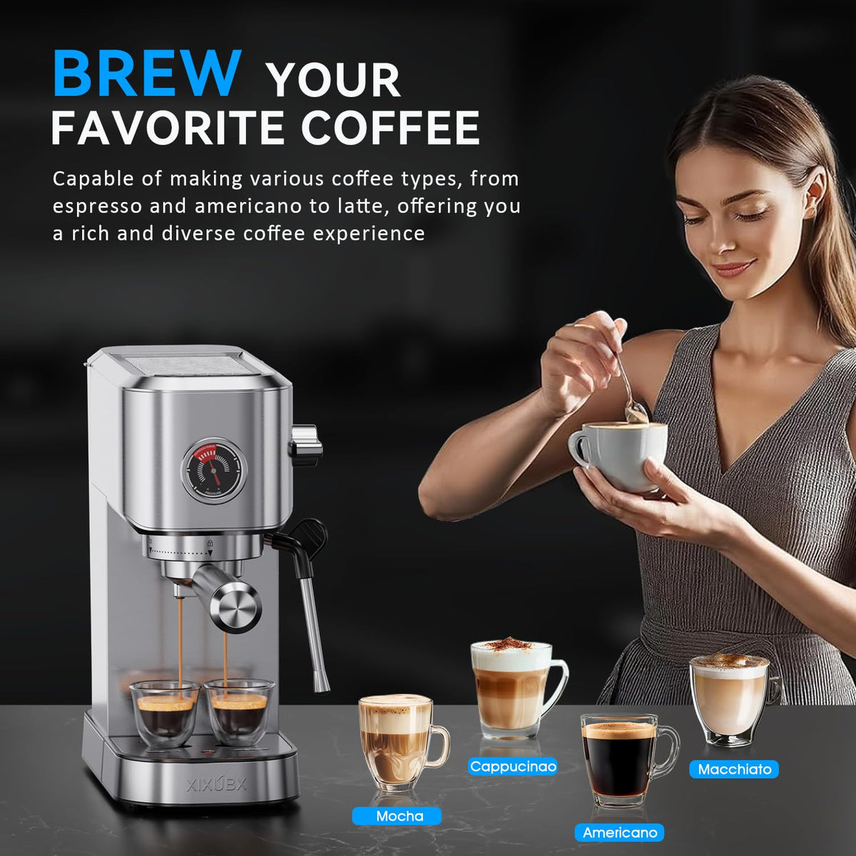 XIXUBX daily-use coffee maker ready for single or double shots.