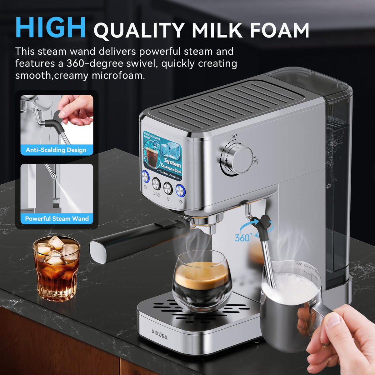 XIXUBX 20-bar pressure system delivers rich aroma and crema.