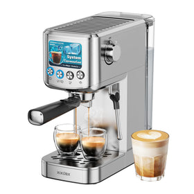 XIXUBX espresso machine front view in silver, compact for home or office use.