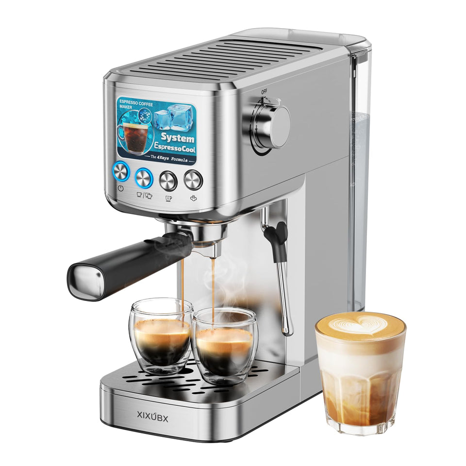 XIXUBX espresso machine front view in silver, compact for home or office use.