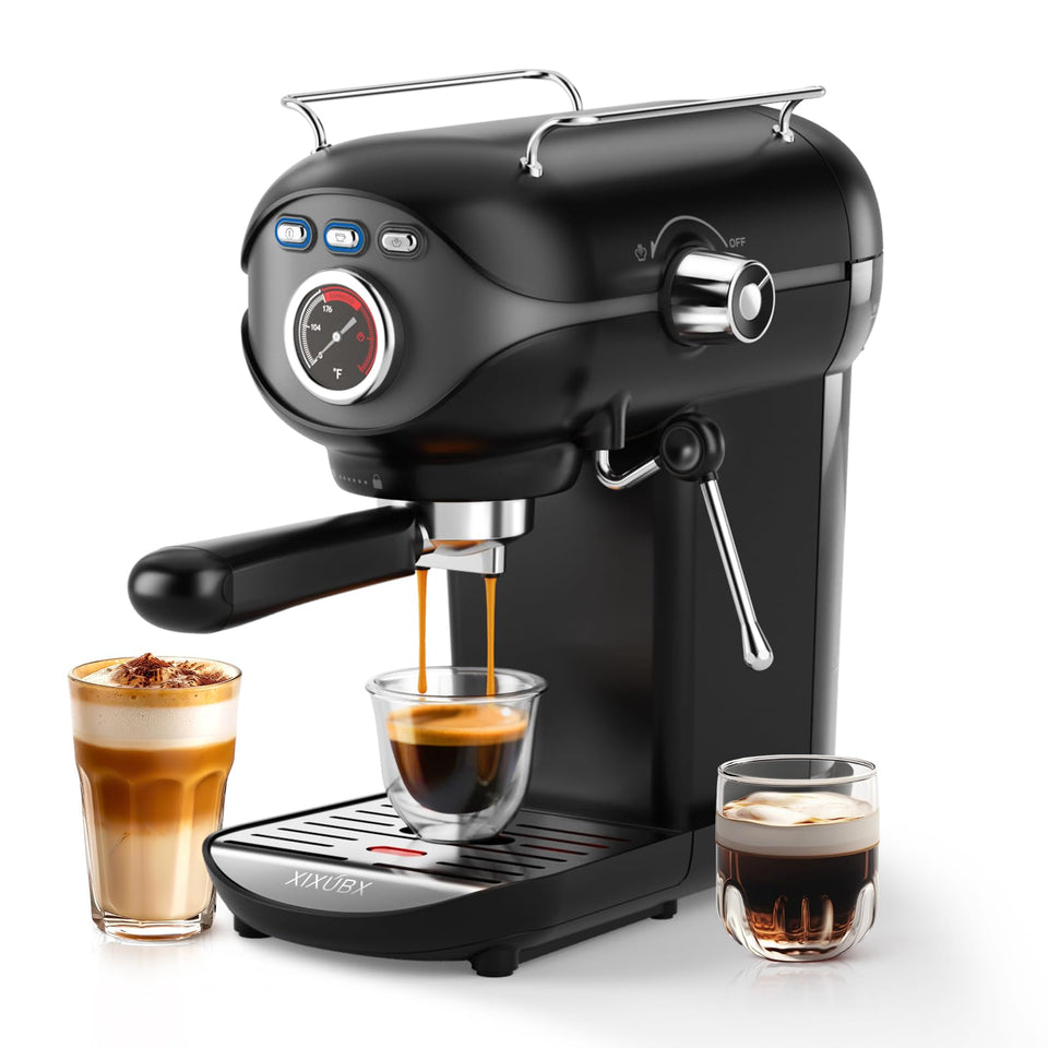 XIXUBX espresso machine front view highlighting compact home brewing in a modern kitchen