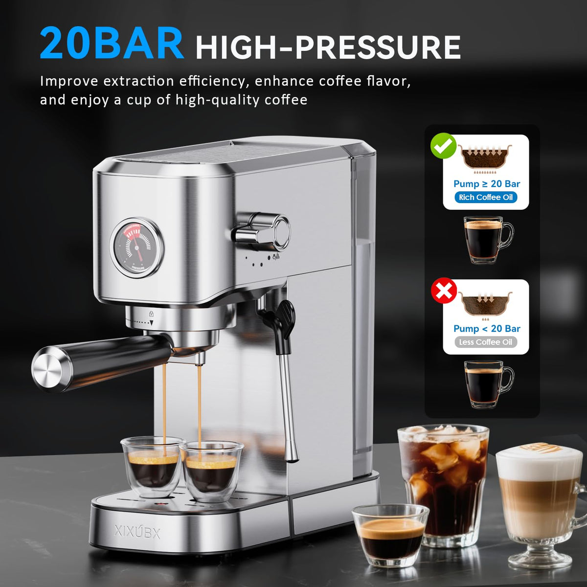 XIXUBX espresso machine stainless steel body highlighting durable construction.