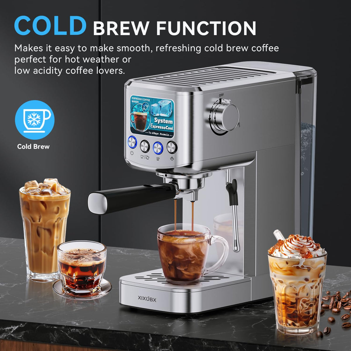 XIXUBX steam frother demonstrates creamy milk texture for lattes and cappuccinos.