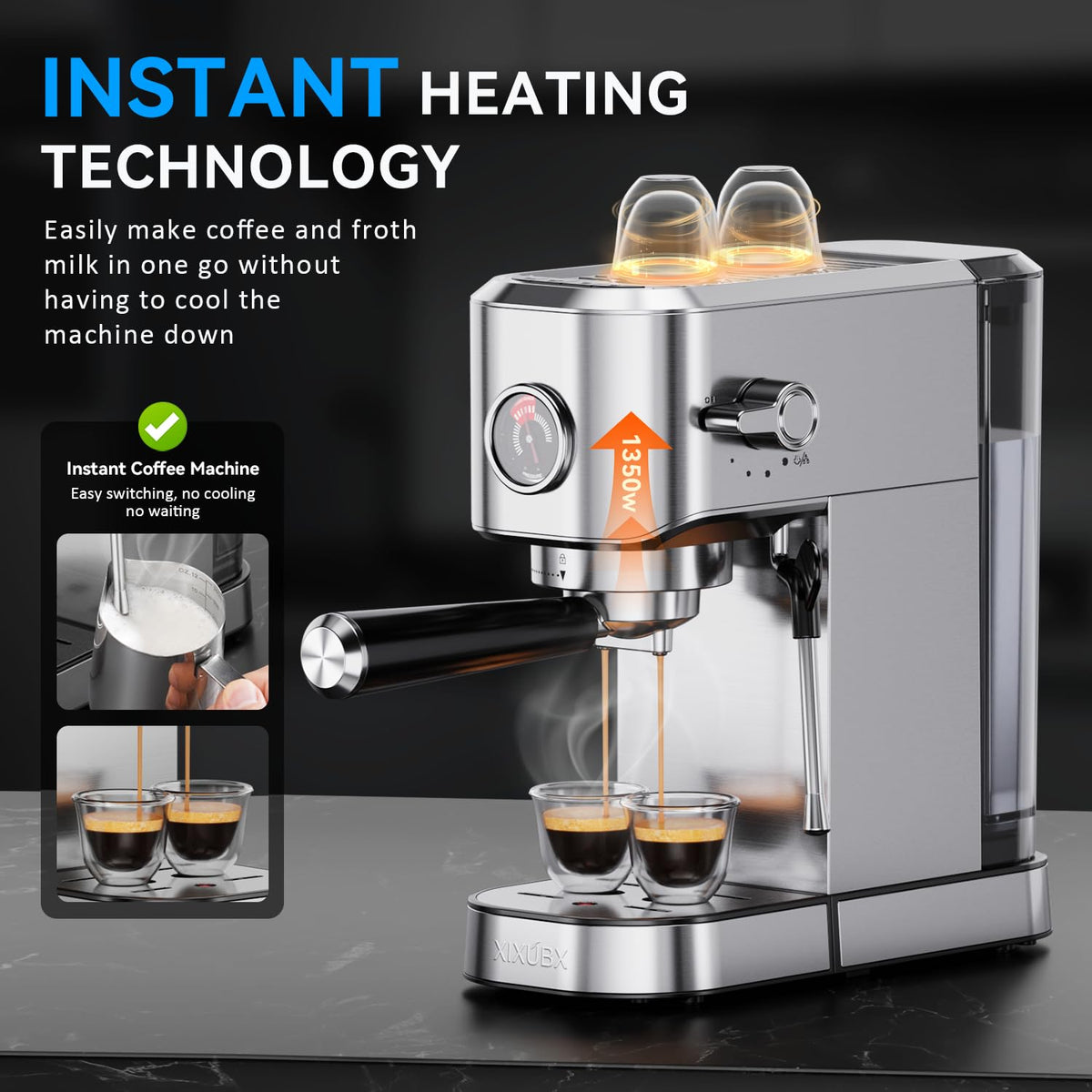 XIXUBX steam wand 360-degree nozzle for versatile milk frothing.