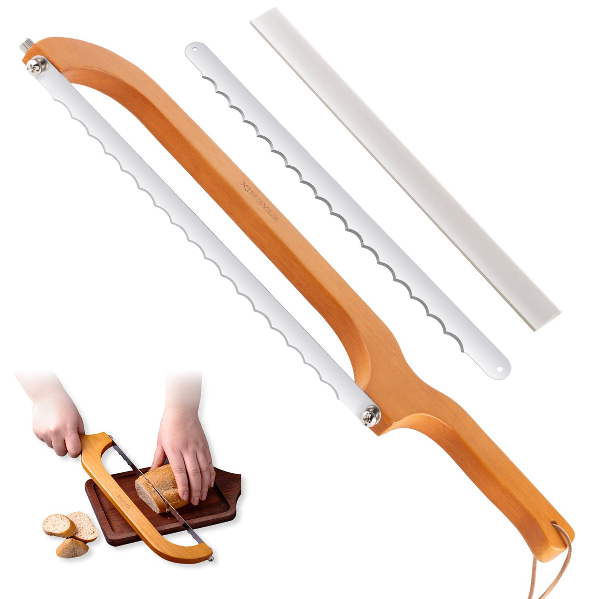 XJHEYLZ sourdough bread knife with left-handed feature and adjustable blade tightness.