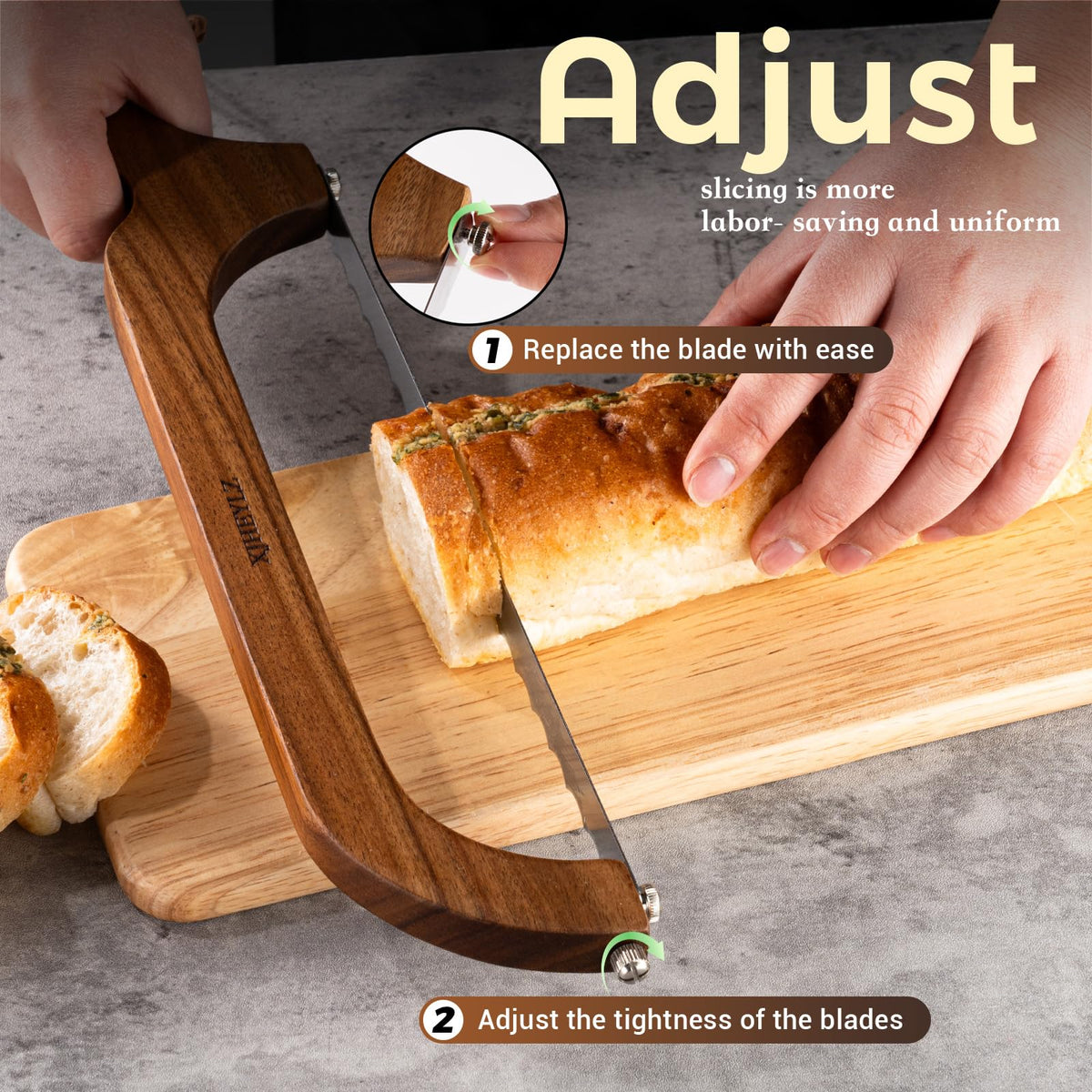 XJHEYLZ sourdough bread slicer with ergonomic wooden bow handle.