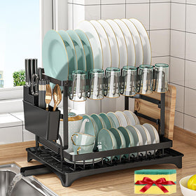 XLMYS dish drying rack 2-tier with drain tray promotes quick water drainage