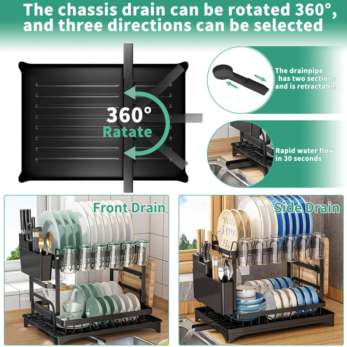XLMYS drainboard with 360-degree outlet keeps counter dry and clean