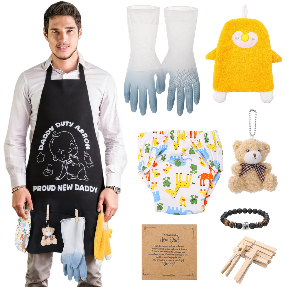 XLSXEXCL New Daddy Apron with Pockets stores baby care items while you cook or diaper.