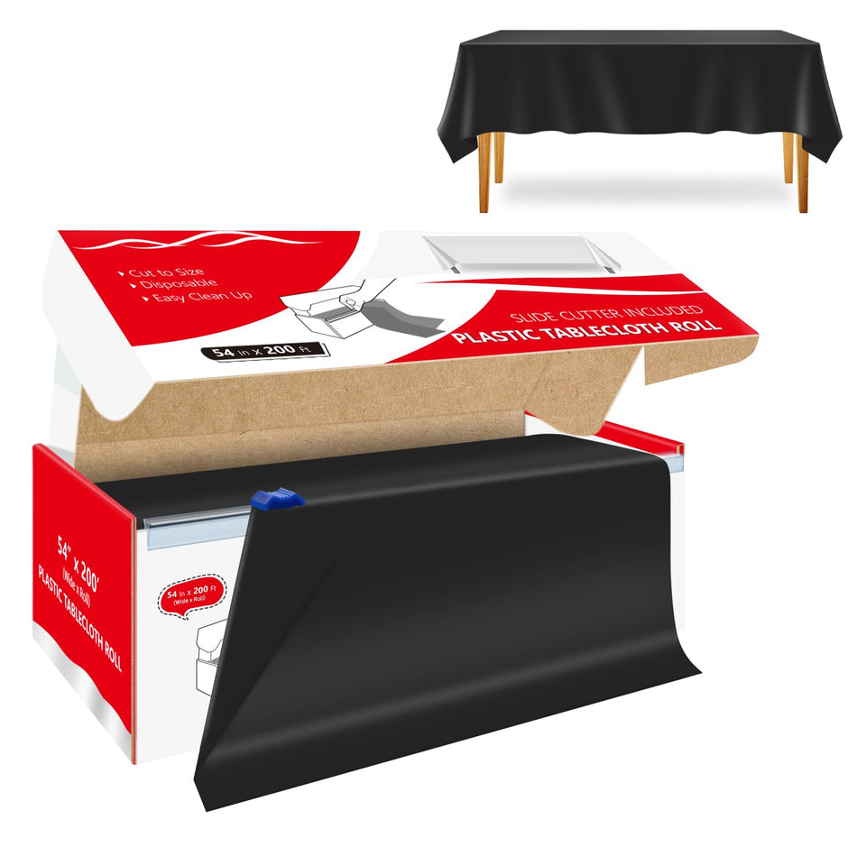 Xnluothsk 54-inch black tablecloth roll protects tables during parties.