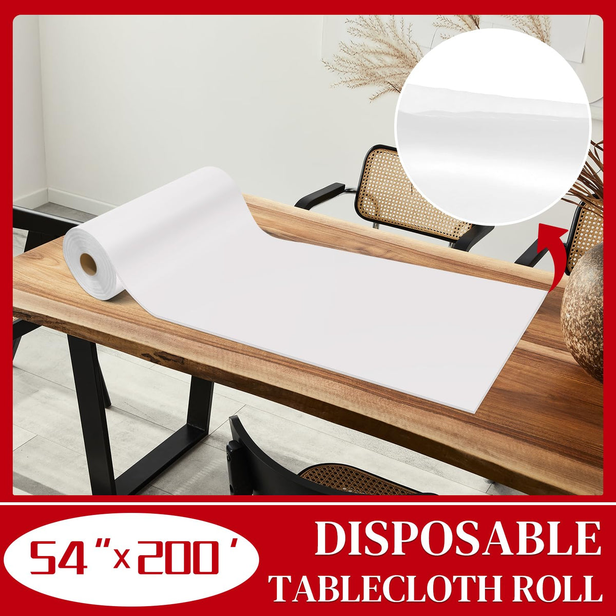 Xnluothsk white plastic tablecloth unrolled to cover long party tables.