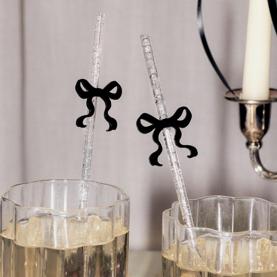 xo Fetti black bow reusable straw with clear glitter for party drinks