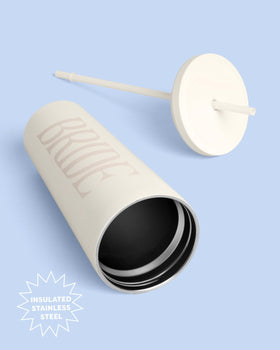 xo-fetti Bride Tumbler ivory lid attached for spill-safe sipping during events.